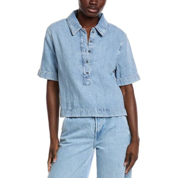 7 For All Mankind Womens  Linen-Blend Polo Shirt, Blue - Picture 1 of 3